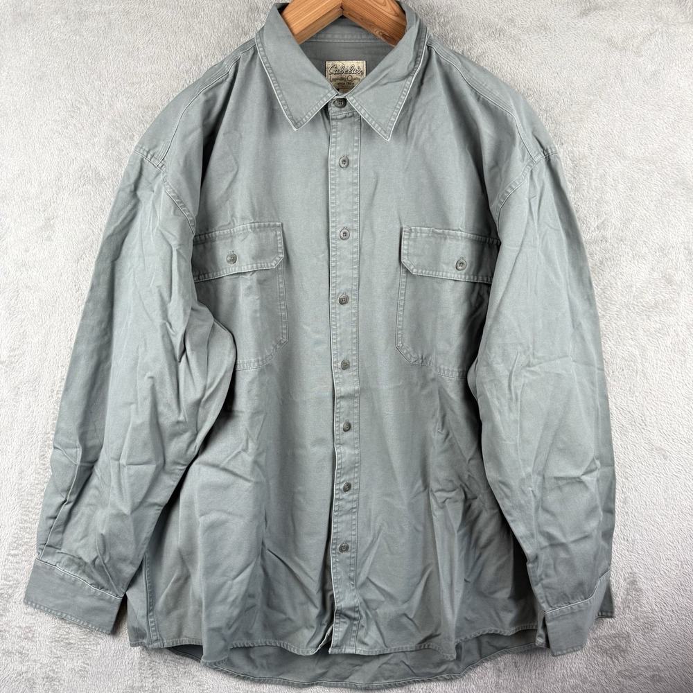 Cabelas Button Down Shirt Mens 2XL Tall L/S Outdoor Casual Workwear Green Cotton